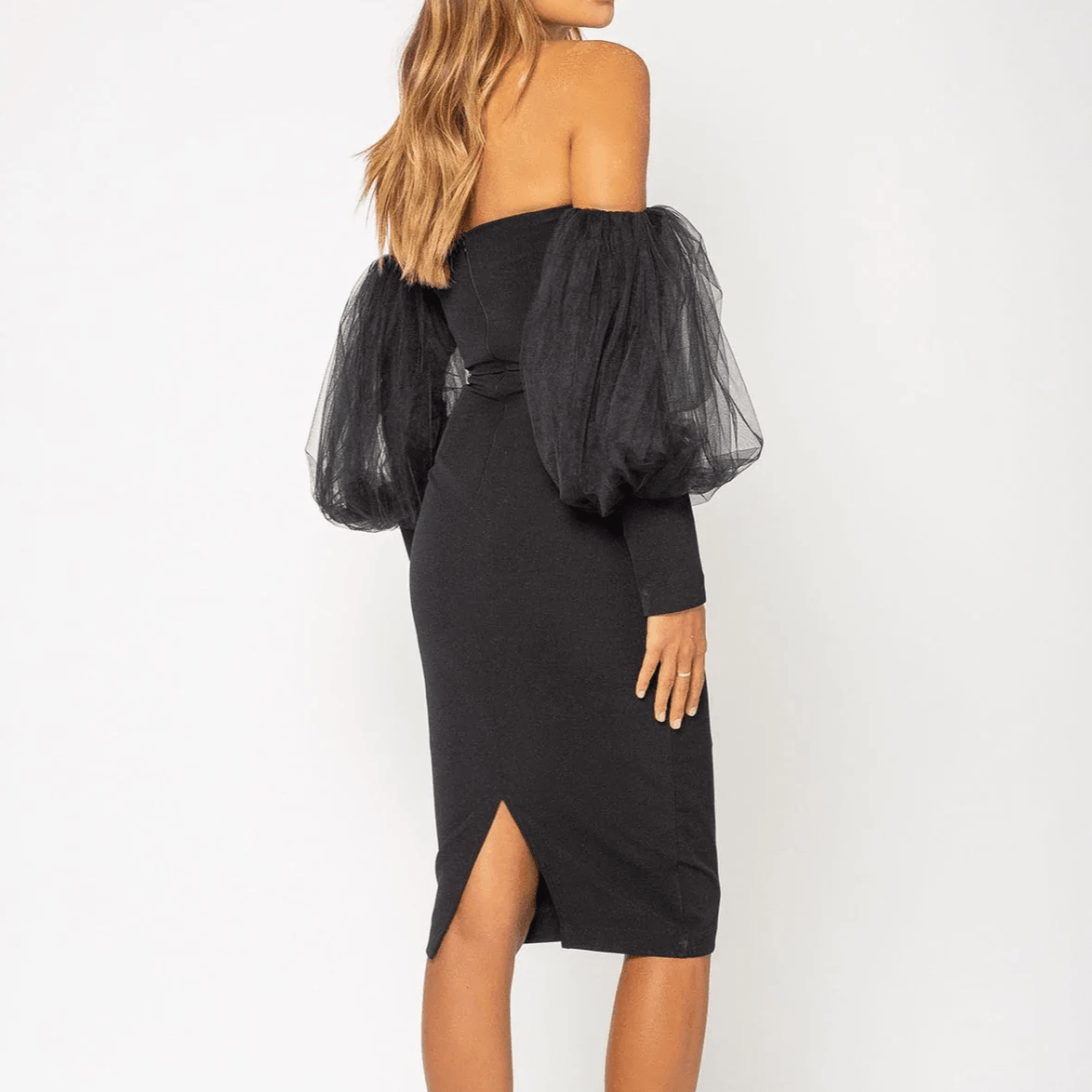 Tulle Puff Sleeve Strapless Bodycon Midi Dress