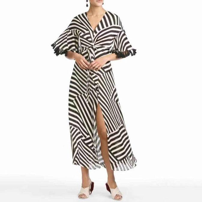 Striped Print V-Neck Flutter Sleeve Wrap Maxi Dress