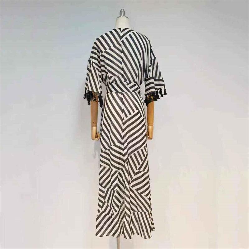 Striped Print V-Neck Flutter Sleeve Wrap Maxi Dress
