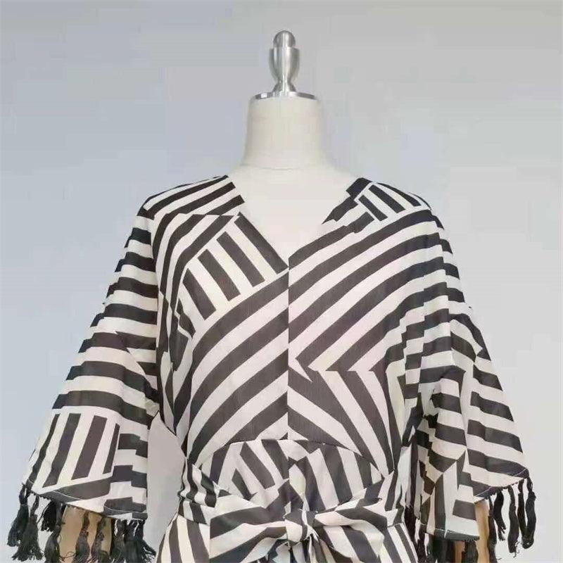 Striped Print V-Neck Flutter Sleeve Wrap Maxi Dress