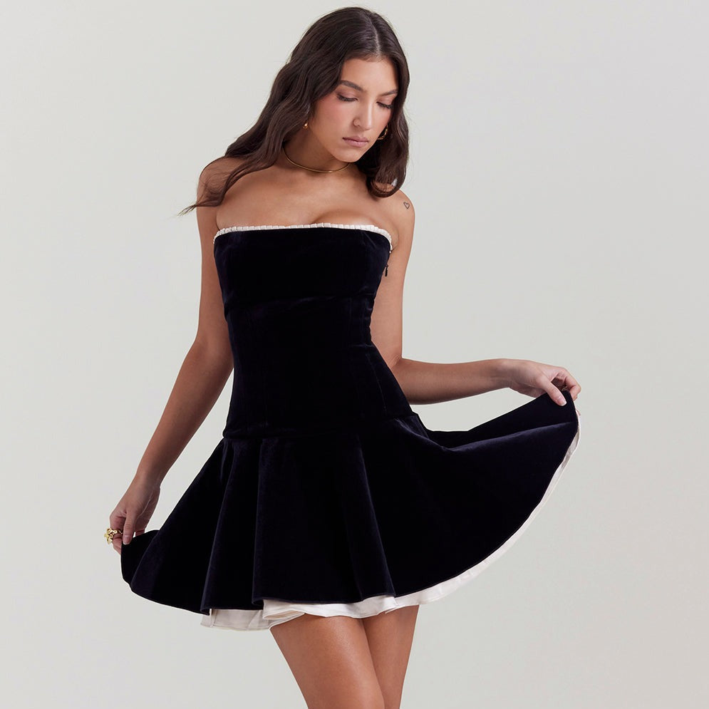 Velvet Strapless Contrast-Trim Flared Mini Dress 9