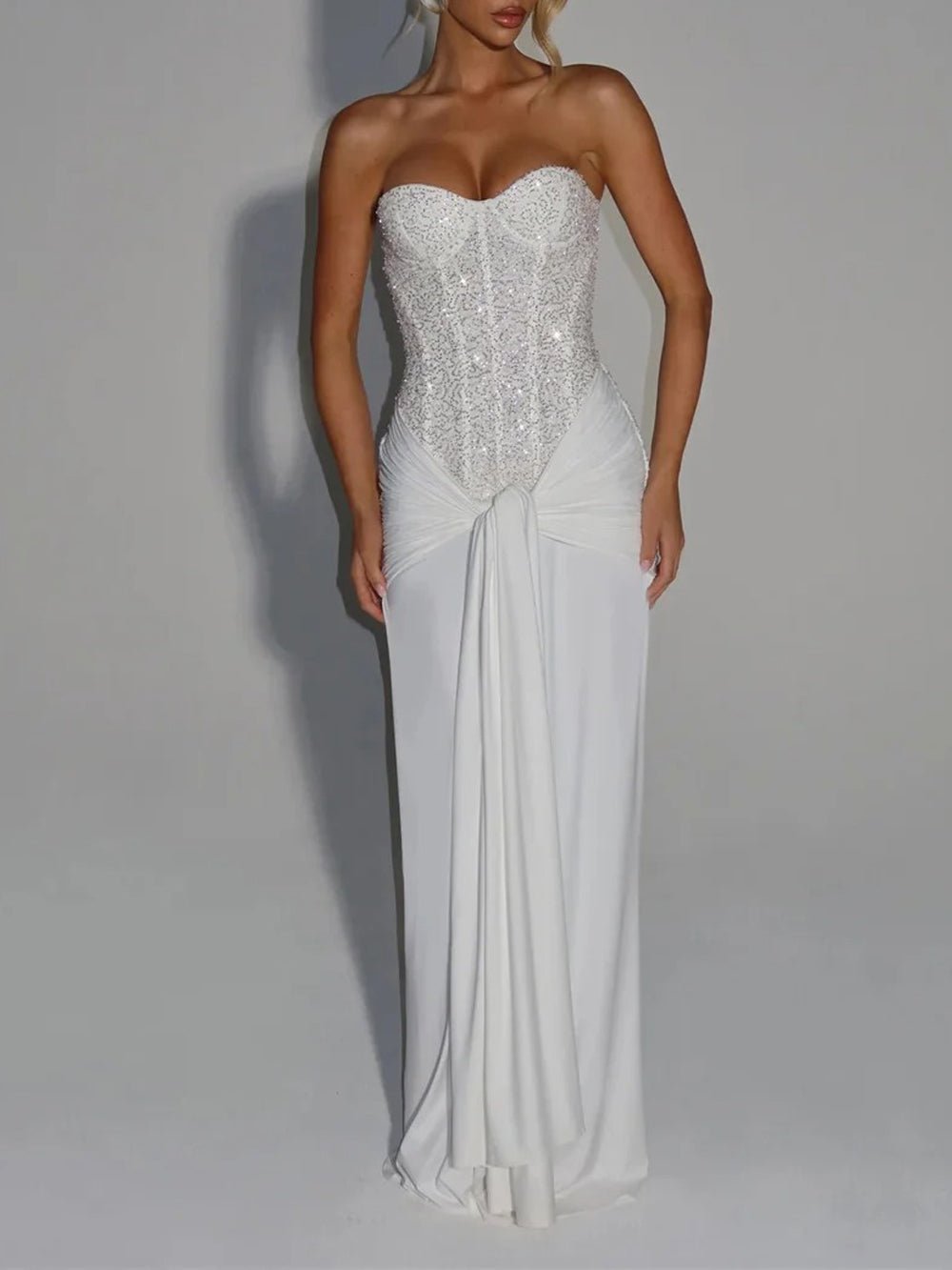 Sequin Strapless Sweetheart Corset Grecian Draped Evening Gown