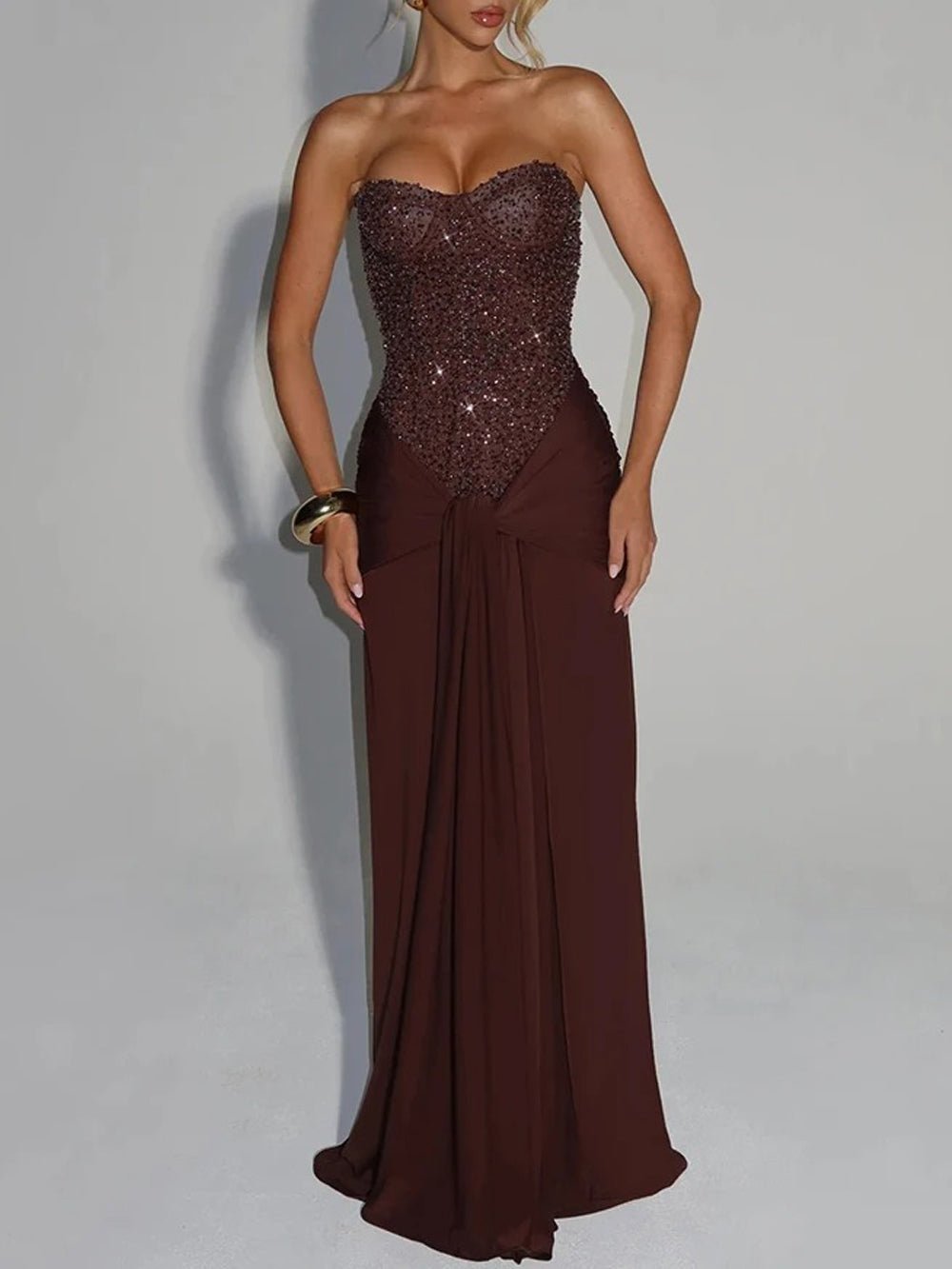 Sequin Strapless Sweetheart Corset Ruched Waist Draped Evening Gown