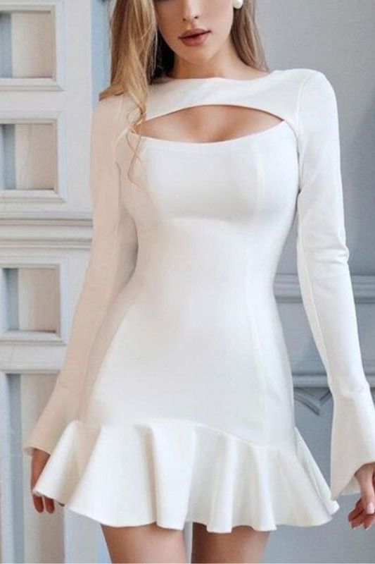 Mary Long Sleeve Bodycon Mini Dress - Pearl White - Fashionpara