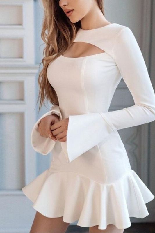 Mary Long Sleeve Bodycon Mini Dress - Pearl White - Fashionpara
