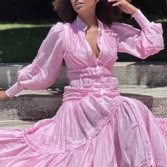 Ruffle Trim Long Sleeve Belted Tiered Maxi Dress