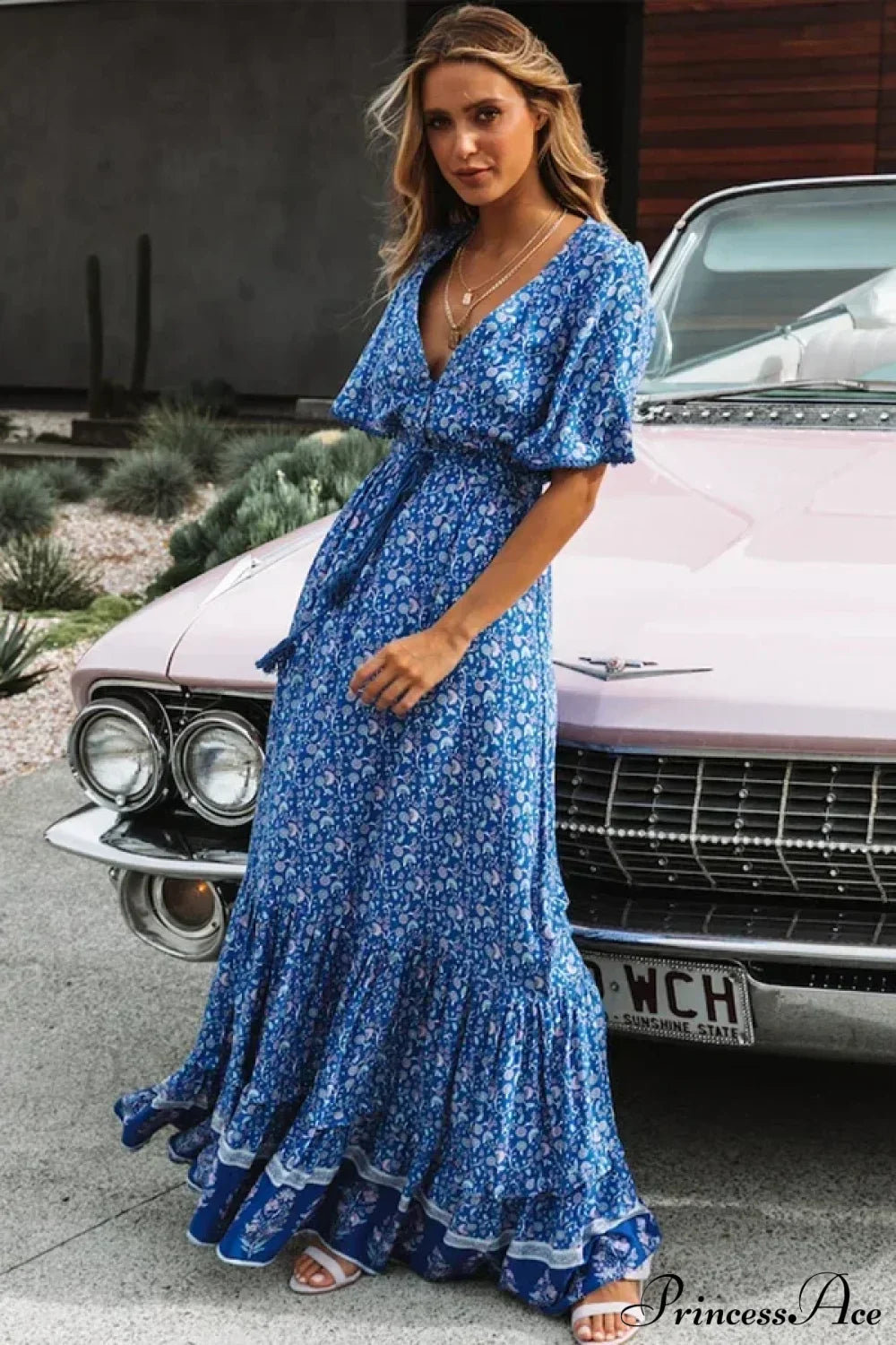 Maxi Dresses for Women Cotton Rayon Blue Floral Print Deep V-neck Boho Summer Dress