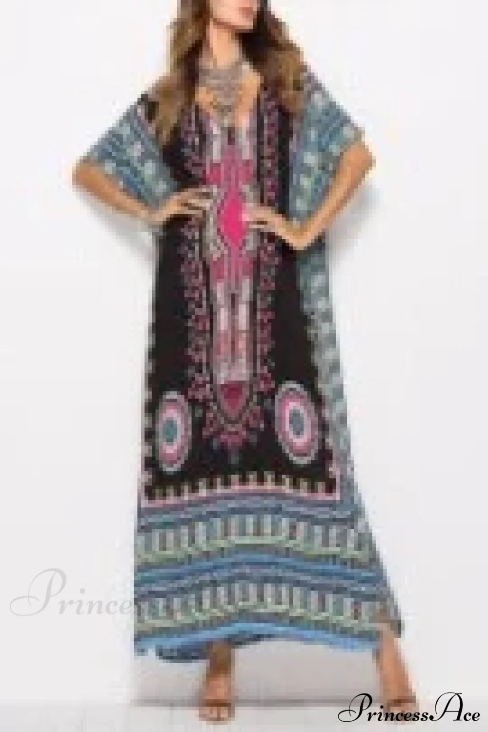 Maxi Kaftan Dress Rayon Ethnic Floral Print Beach Sundress Black / One Size bohodress-250126
