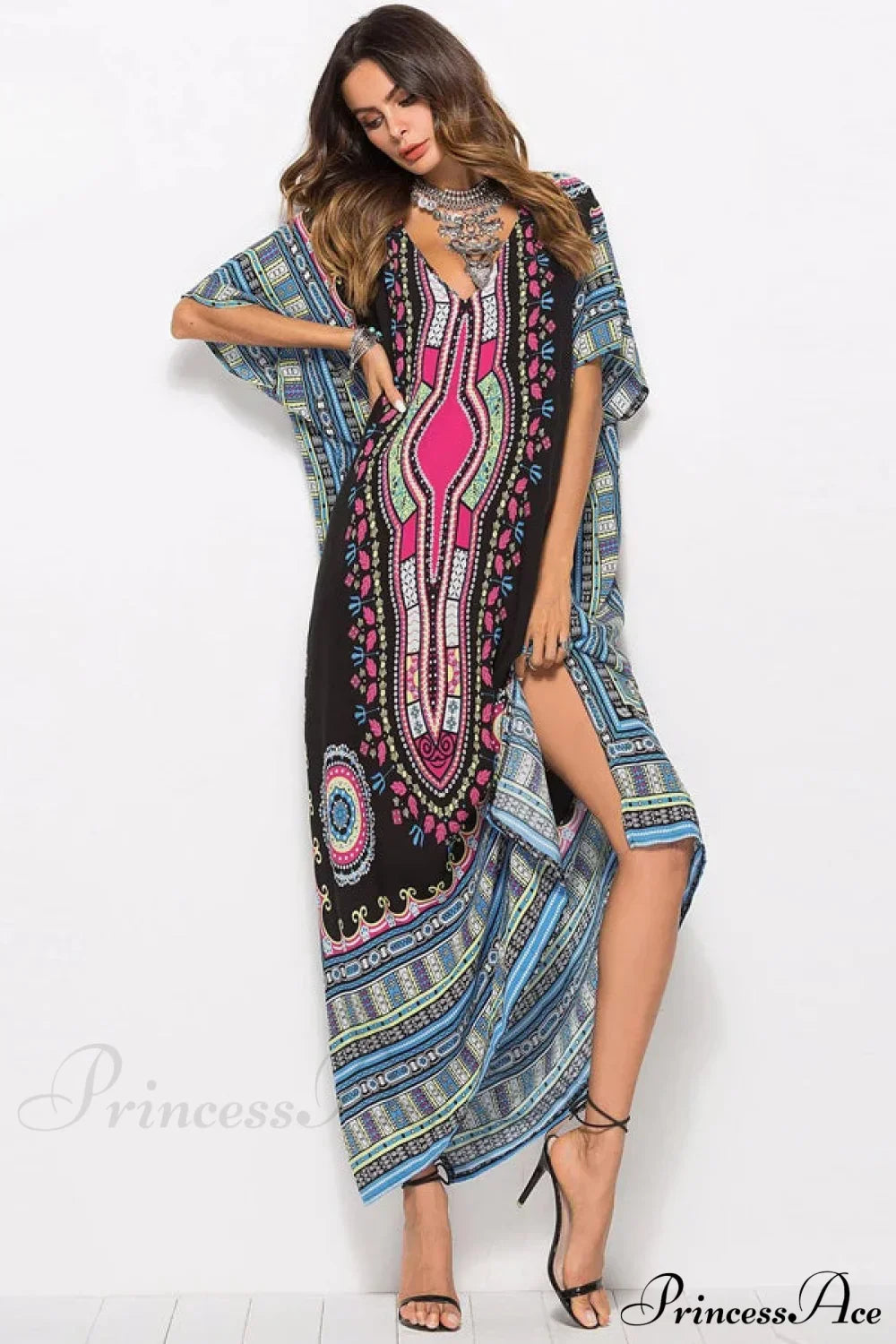 Maxi Kaftan Dress Rayon Ethnic Floral Print Beach Sundress