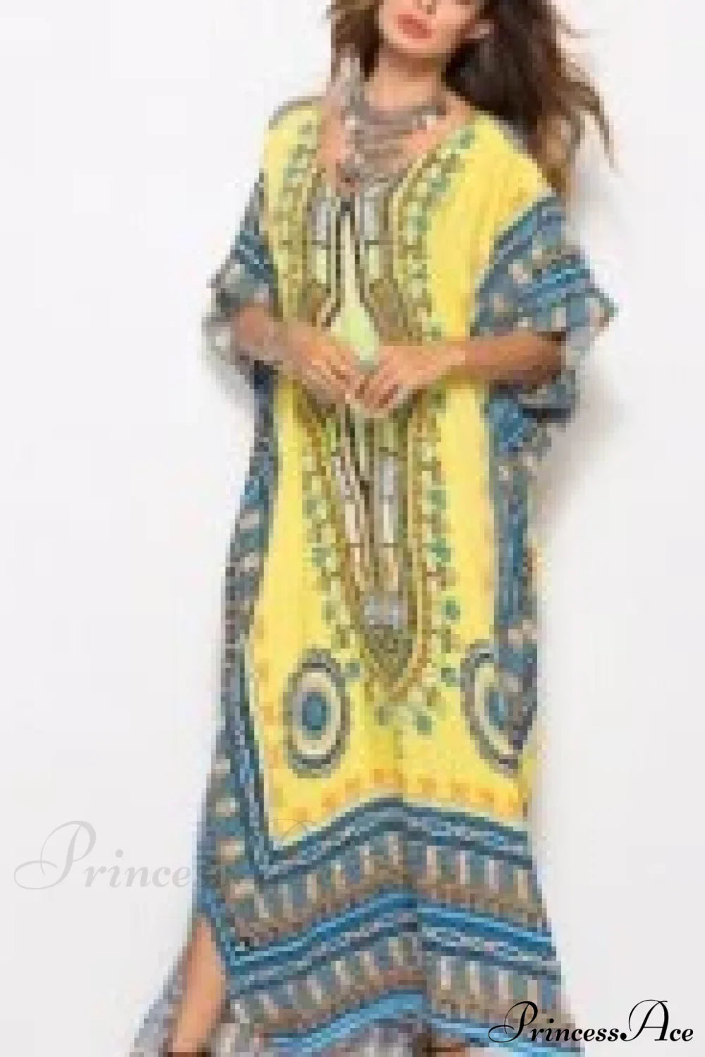 Maxi Kaftan Dress Rayon Ethnic Floral Print Beach Sundress Gold / One Size bohodress-250126