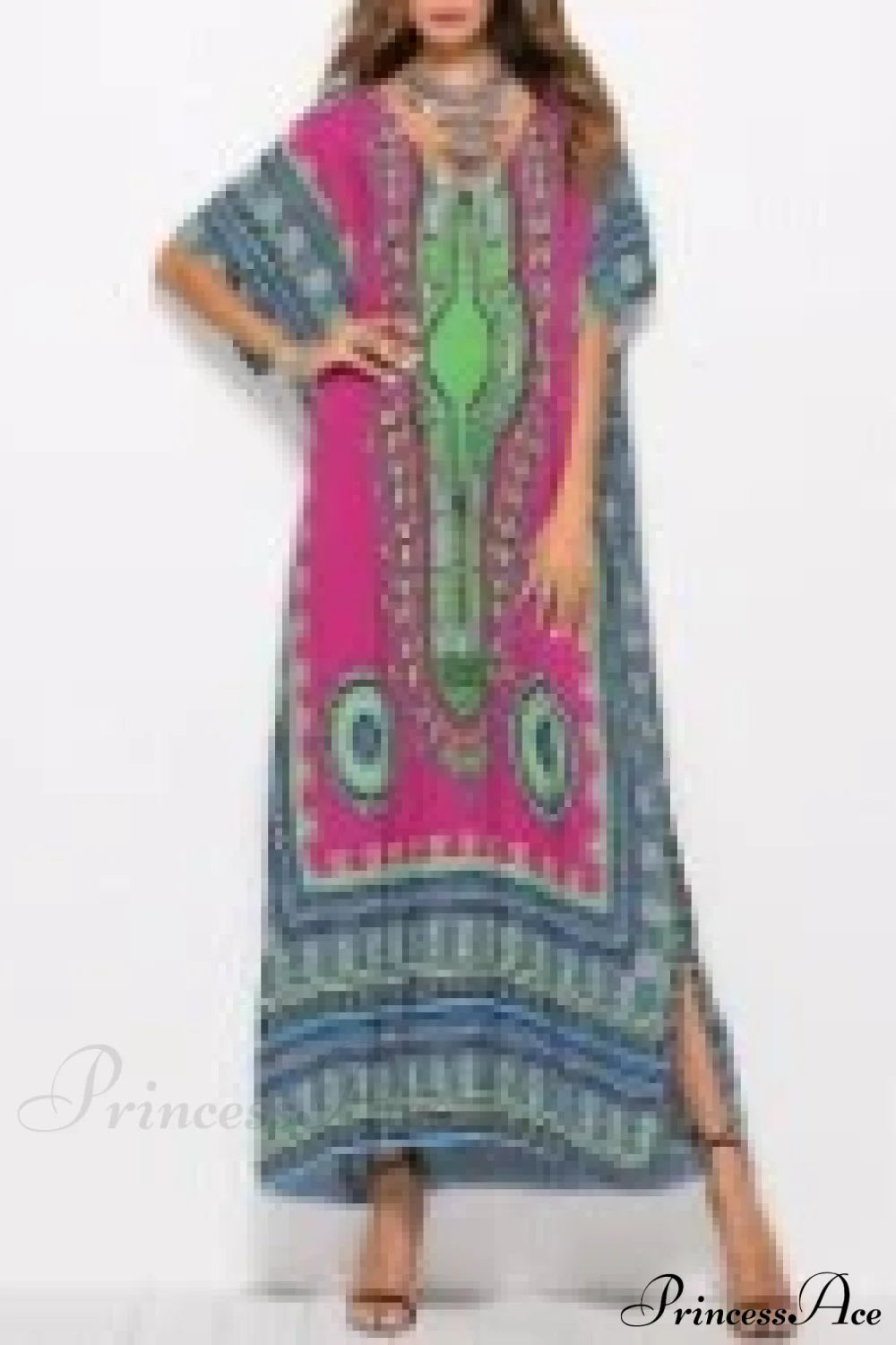 Maxi Kaftan Dress Rayon Ethnic Floral Print Beach Sundress Green / One Size bohodress-250126