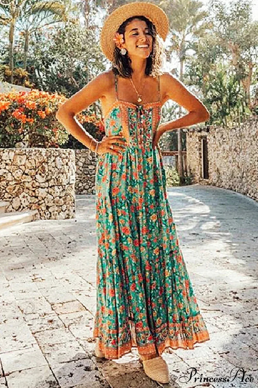 Maxi Strap Dress Green Rayon Floral Print Gypsy Summer Dress