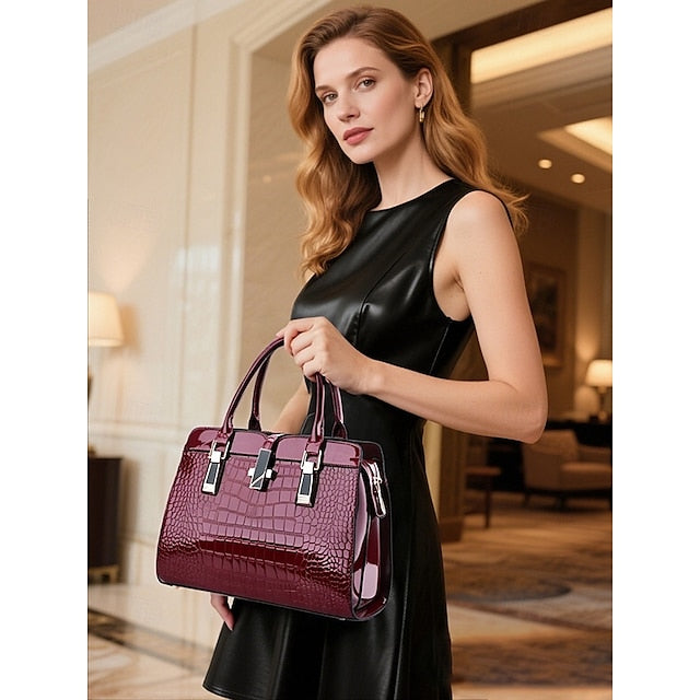 Faux - Croc Patent Handbag Leather Burgundy