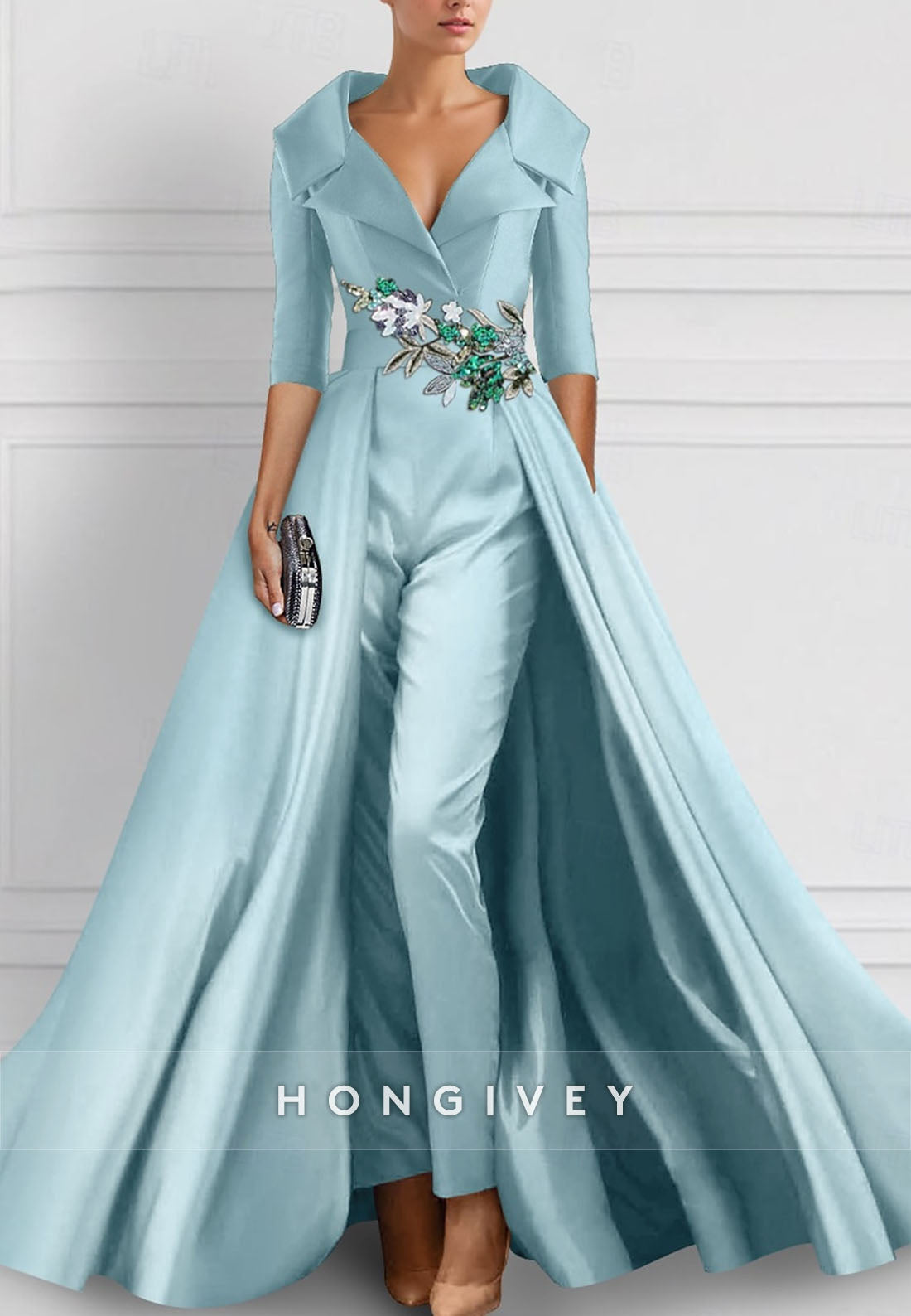 Jumpsuit V Neck Satin Watteau Train Half Sleeve Appliqued Evening Gown