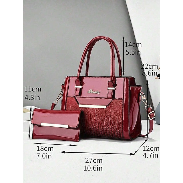 Faux Glossy Patent Handbag Set Leather