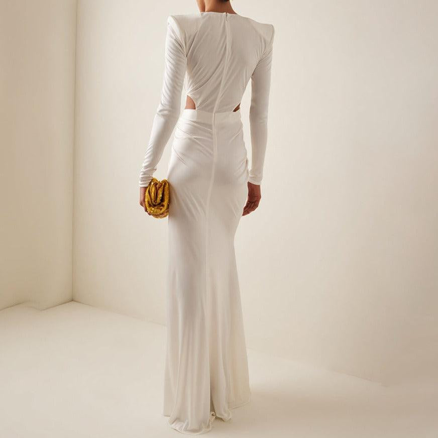 Ruched V-Neck Long Sleeve High Slit Maxi Dress
