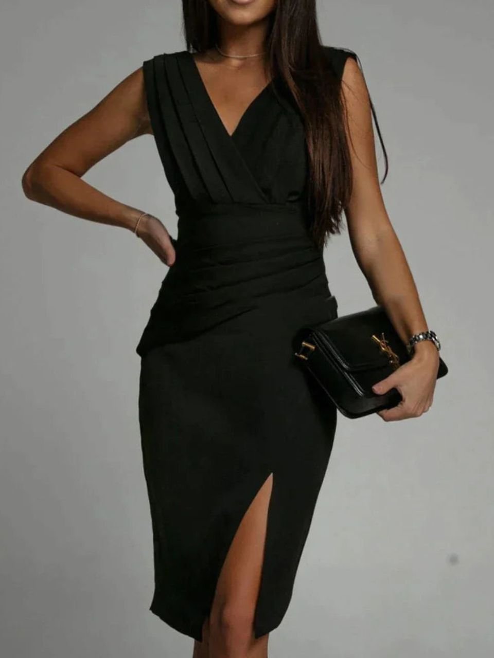 V-Neck Sleeveless Ruched High Split Midi Dress 12
