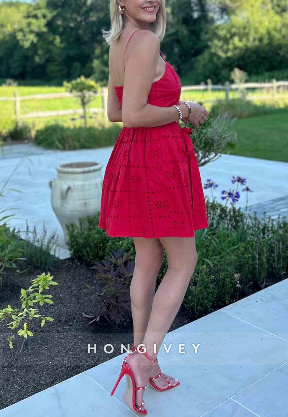 Bowknot Square Neck Spaghetti Straps Sleeveless A-Line Short Homecoming Dresses