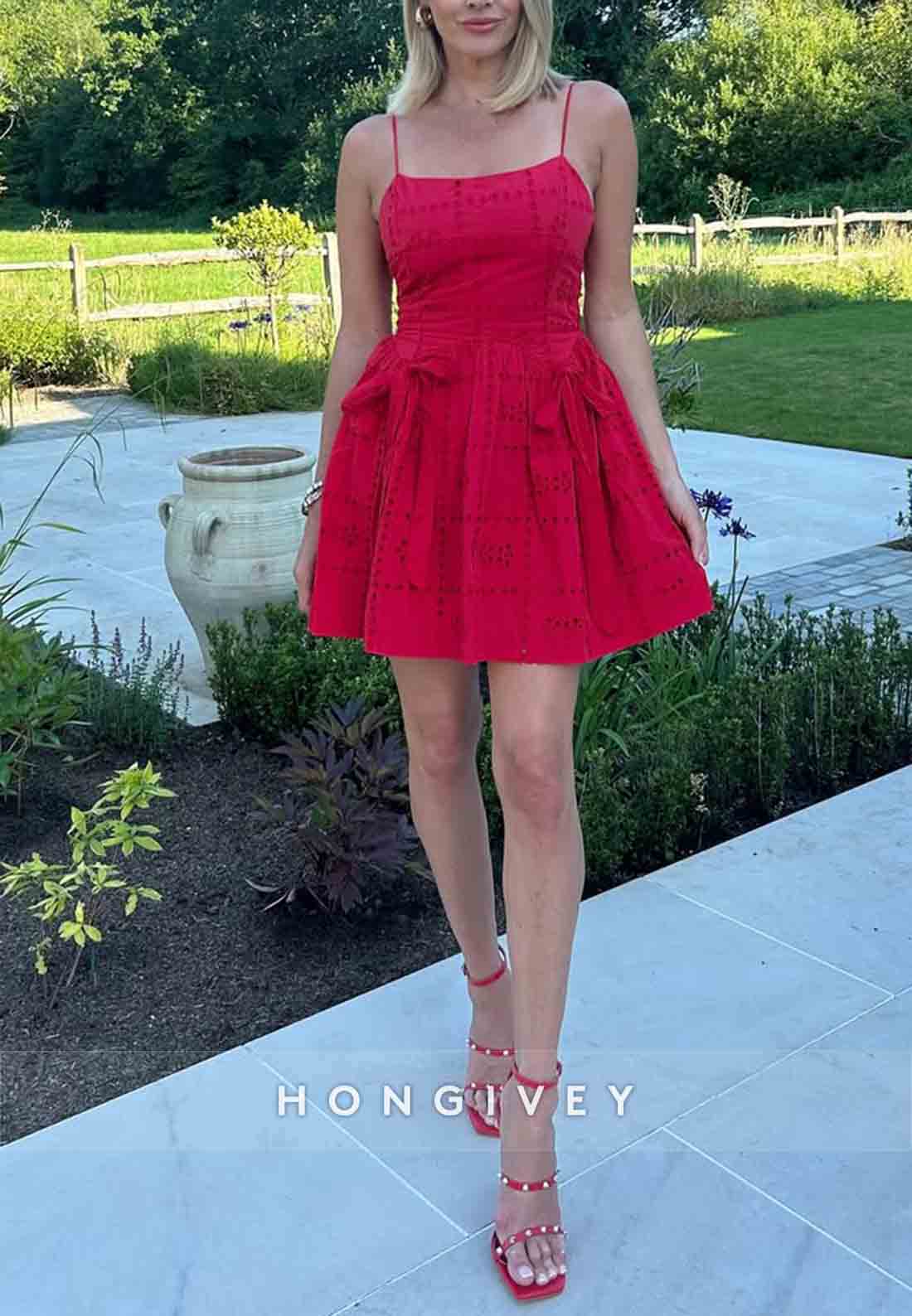 Bowknot Square Neck Spaghetti Straps Sleeveless A-Line Short Homecoming Dresses