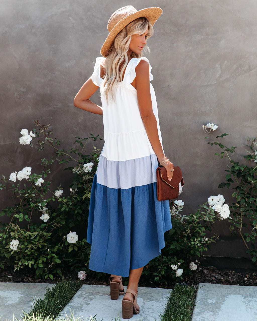 Square Neck Flutter Strap Tiered High-Low Dress