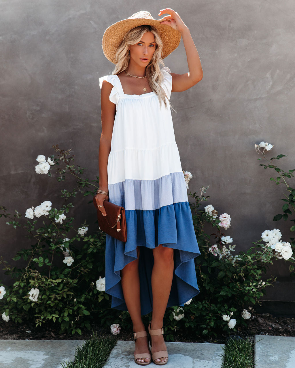 Square Neck Flutter Strap Tiered High-Low Dress