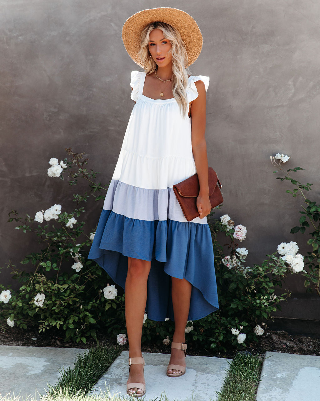 Square Neck Flutter Strap Tiered High-Low Dress
