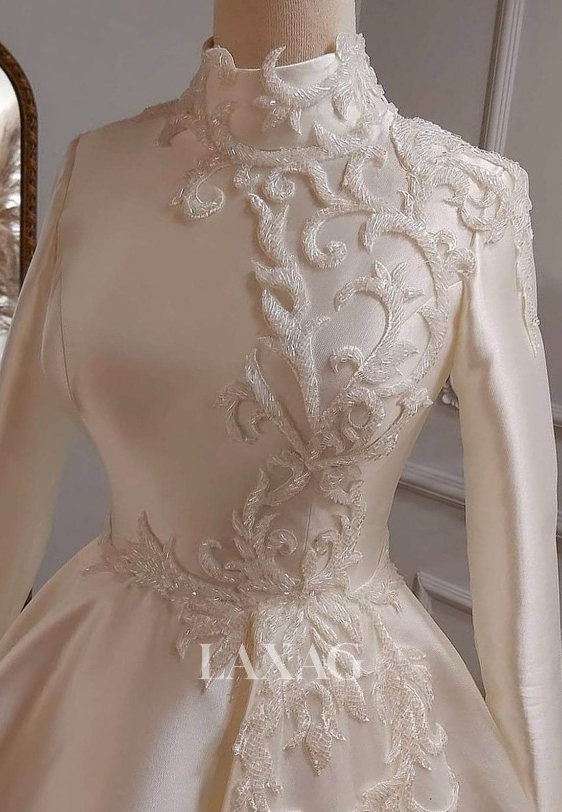 High-Neck Lace Applique A-Line Wedding Dress Long-Sleeves Pleated Satin Bride Gowns