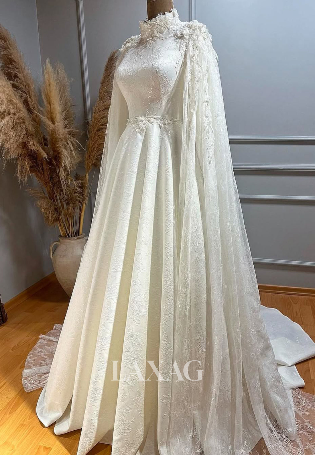 Allover Lace Applique Bride Gowns High-Neck Sleeveless A-Line Wedding Dress with Overlay