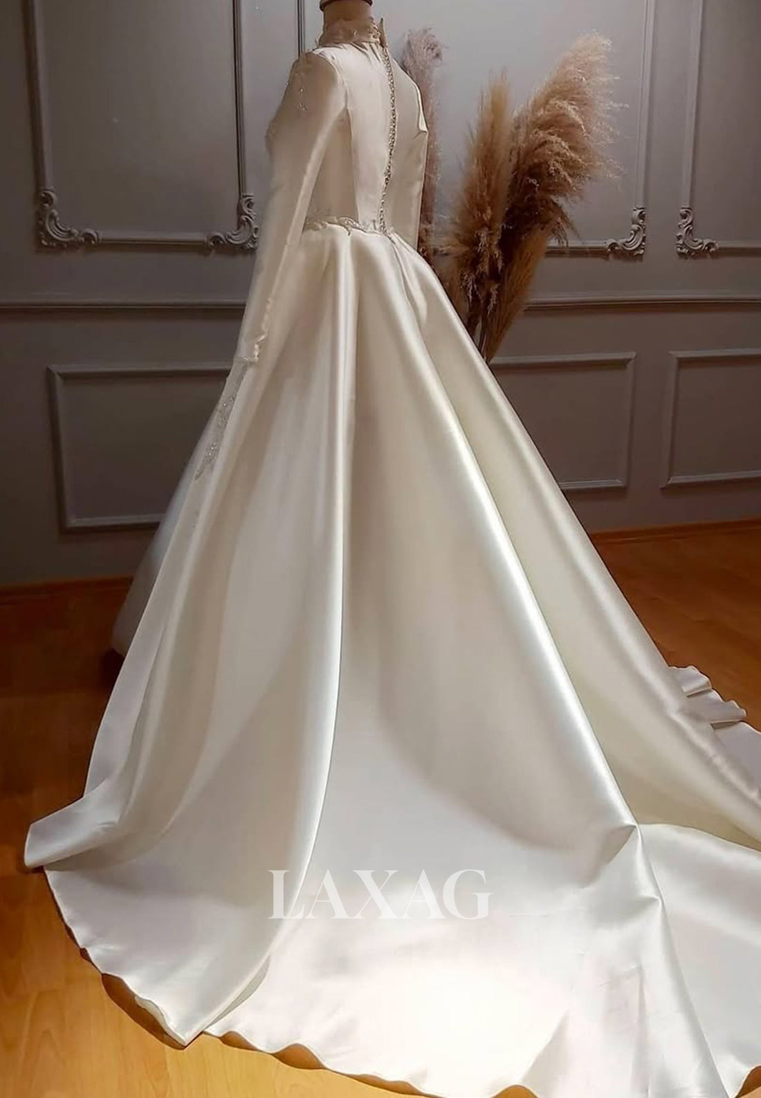 High-Neck Lace Applique A-Line Wedding Dress Long-Sleeves Pleated Satin Bride Gowns