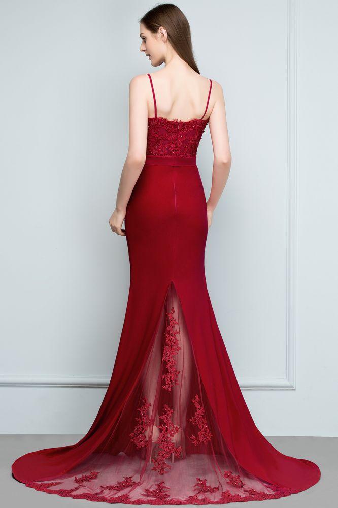 Mermaid Charmeuse Lace Spaghetti-Straps Sweetheart Sleeveless Floor-Length Bridesmaid Dresses with Beads