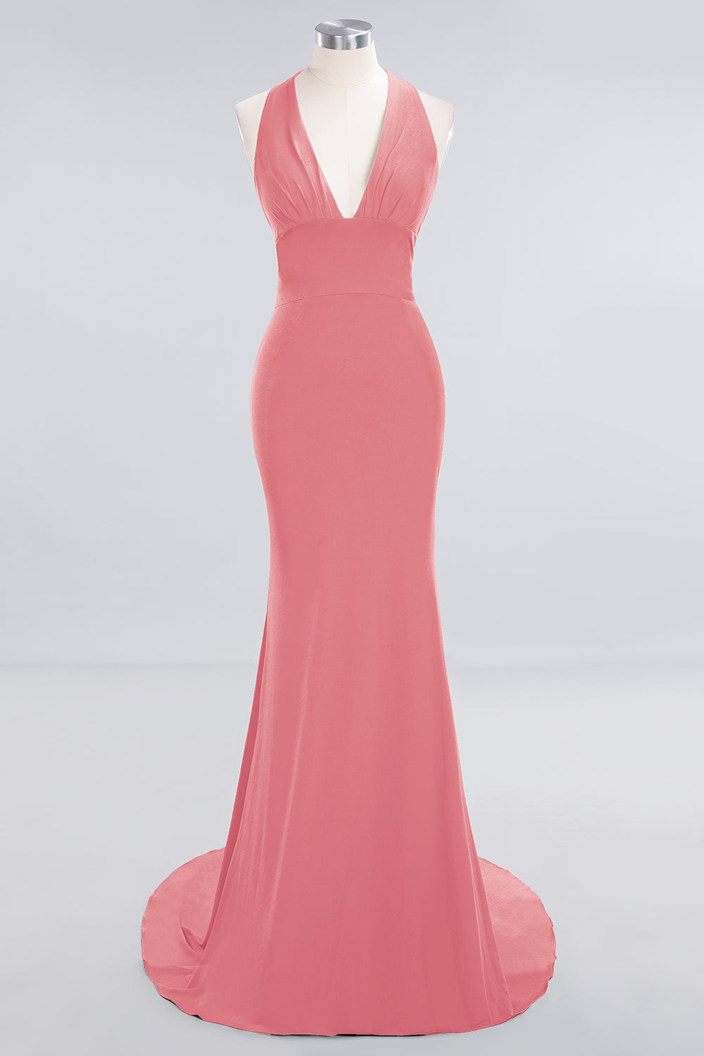 Mermaid Halter V-Neck Dark Green Chiffon Bridesmaid Dresses with Open Back - Fashionpara