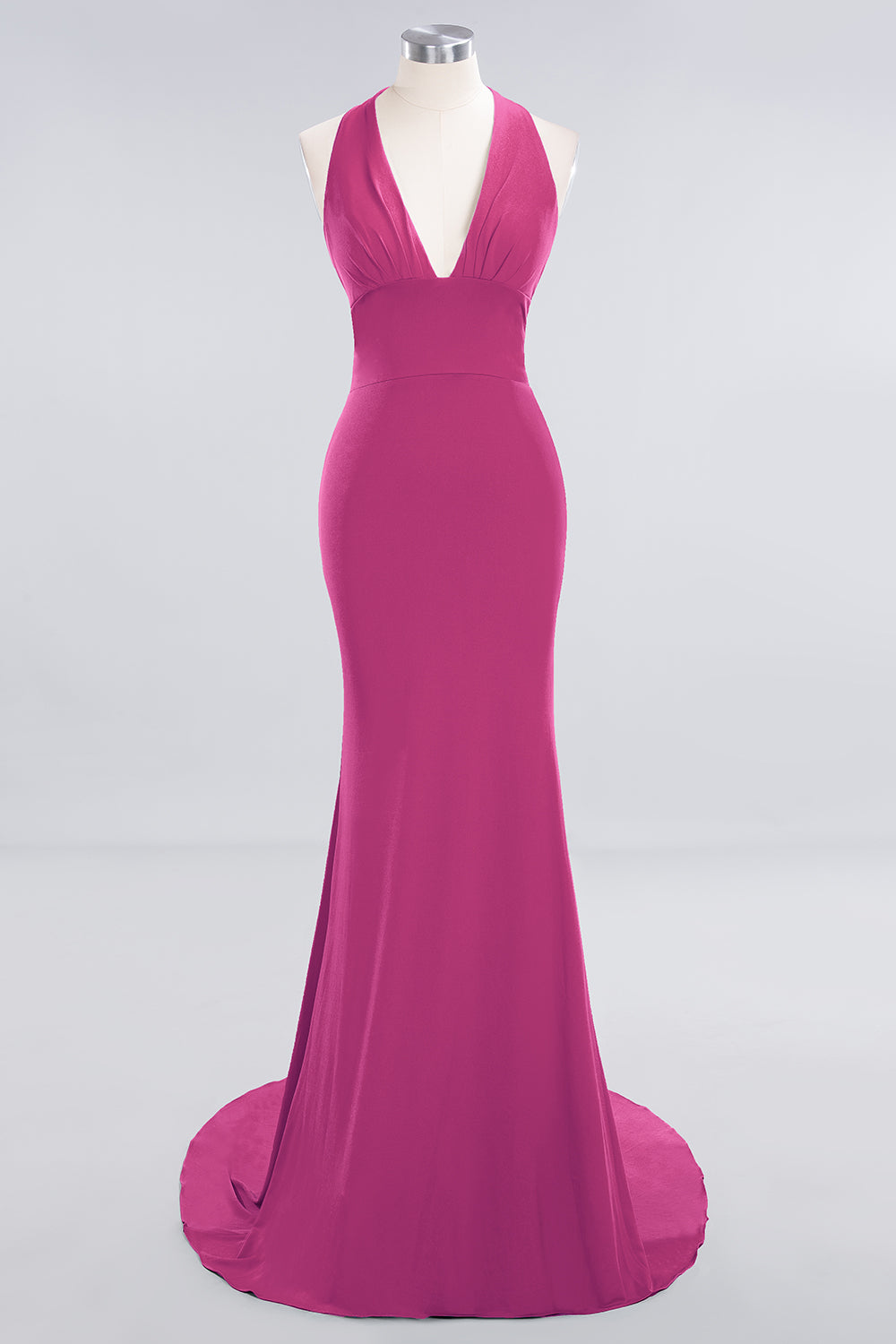 Mermaid Halter V-Neck Dark Green Chiffon Bridesmaid Dresses with Open Back - Fashionpara
