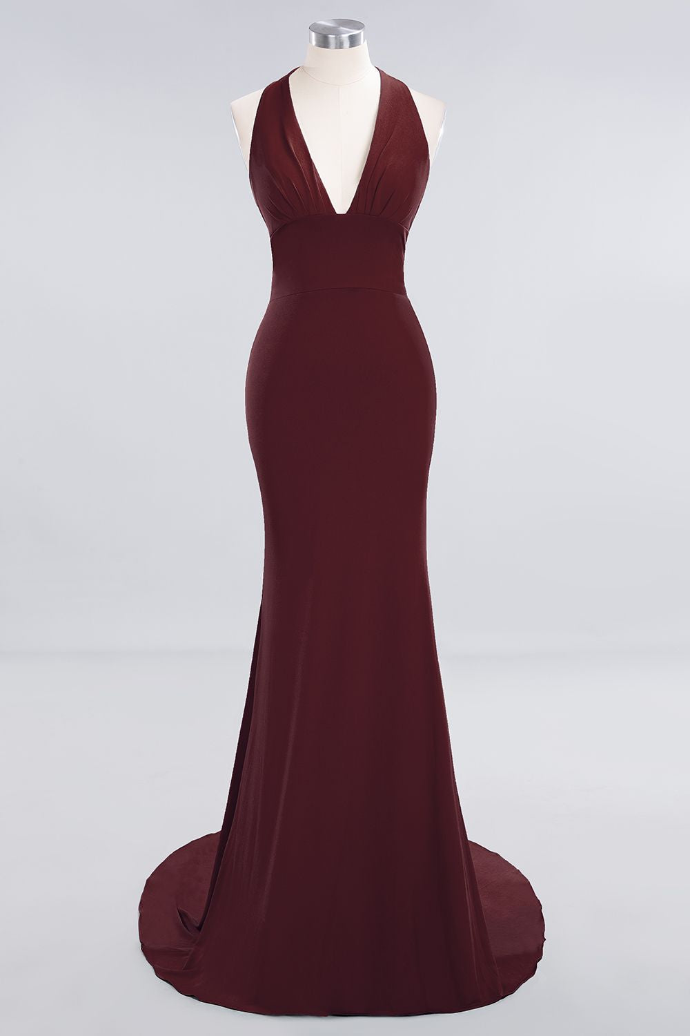 Mermaid Halter V-Neck Dark Green Chiffon Bridesmaid Dresses with Open Back - Fashionpara