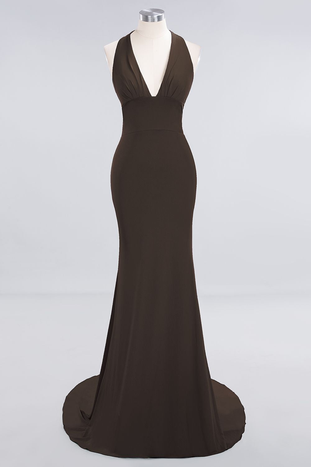 Mermaid Halter V-Neck Dark Green Chiffon Bridesmaid Dresses with Open Back - Fashionpara