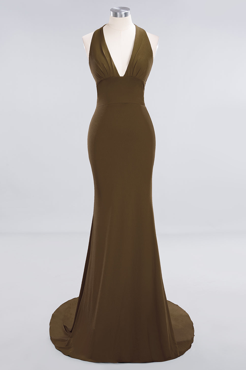 Mermaid Halter V-Neck Dark Green Chiffon Bridesmaid Dresses with Open Back - Fashionpara
