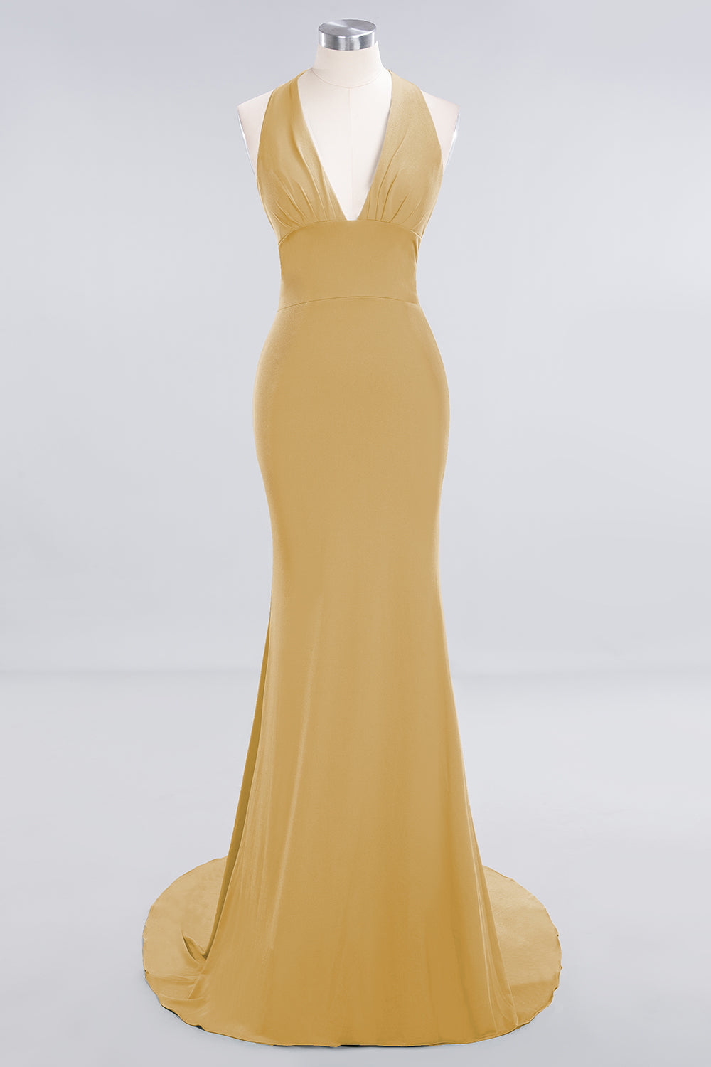 Mermaid Halter V-Neck Dark Green Chiffon Bridesmaid Dresses with Open Back - Fashionpara