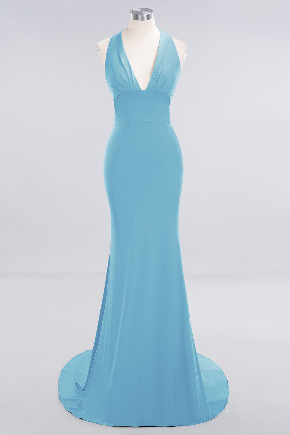 Mermaid Halter V-Neck Dark Green Chiffon Bridesmaid Dresses with Open Back - Fashionpara