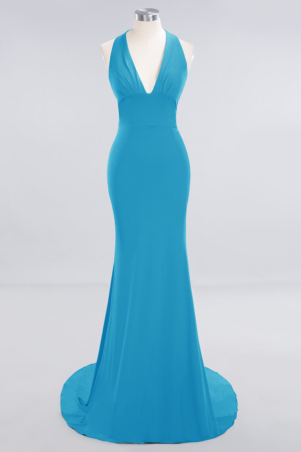 Mermaid Halter V-Neck Dark Green Chiffon Bridesmaid Dresses with Open Back - Fashionpara