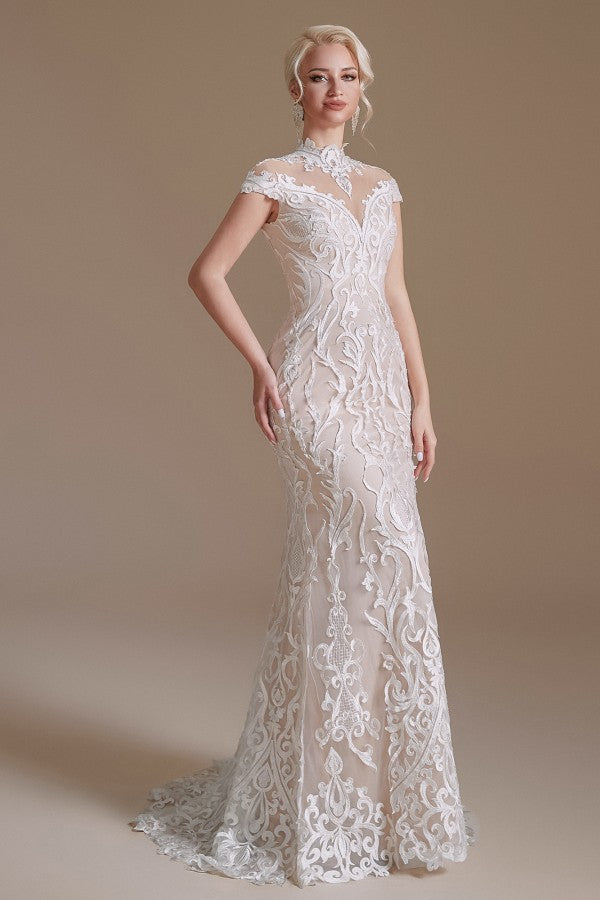 Mermaid High Neck Wedding Dress Lace With Cap Sleeves - Fashionpara