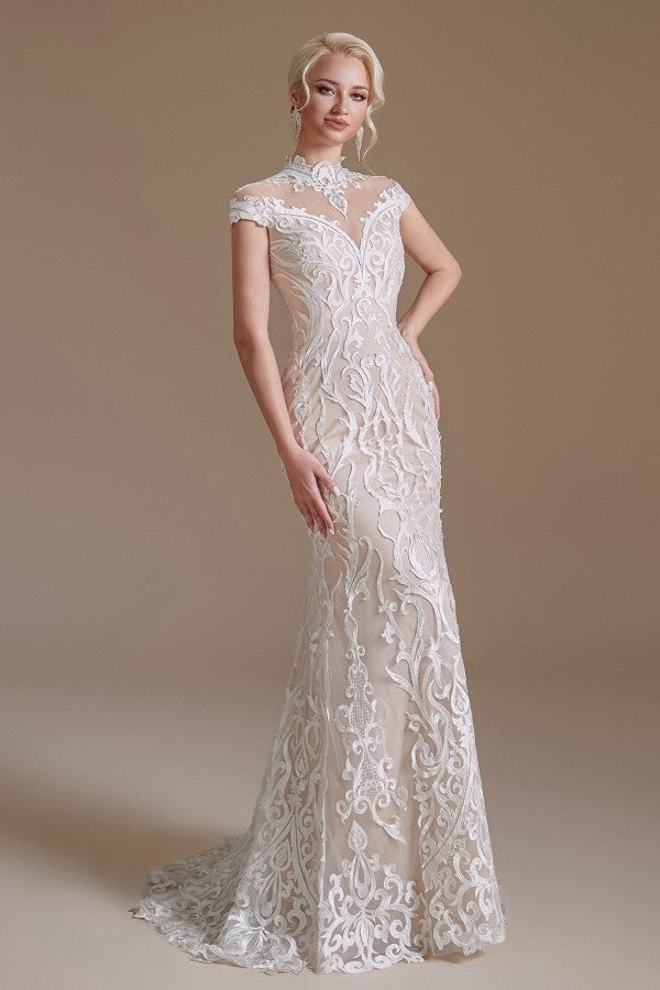 Mermaid High Neck Wedding Dress Lace With Cap Sleeves - Fashionpara