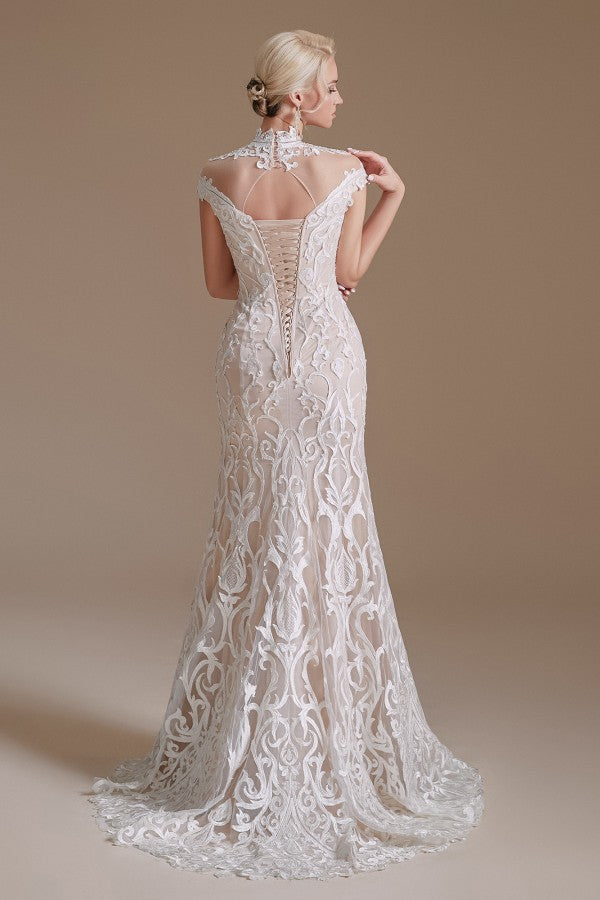 Mermaid High Neck Wedding Dress Lace With Cap Sleeves - Fashionpara