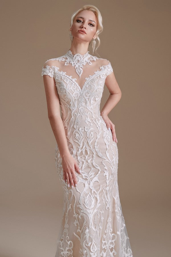 Mermaid High Neck Wedding Dress Lace With Cap Sleeves - Fashionpara