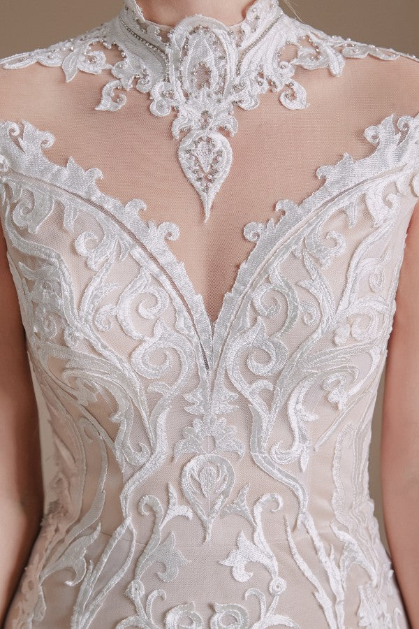 Mermaid High Neck Wedding Dress Lace With Cap Sleeves - Fashionpara