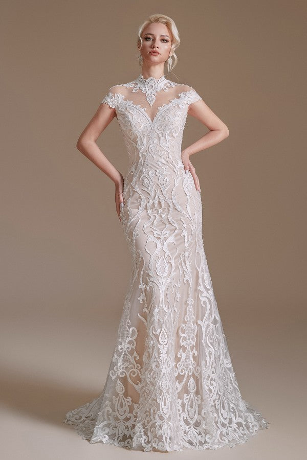 Mermaid High Neck Wedding Dress Lace With Cap Sleeves - Fashionpara