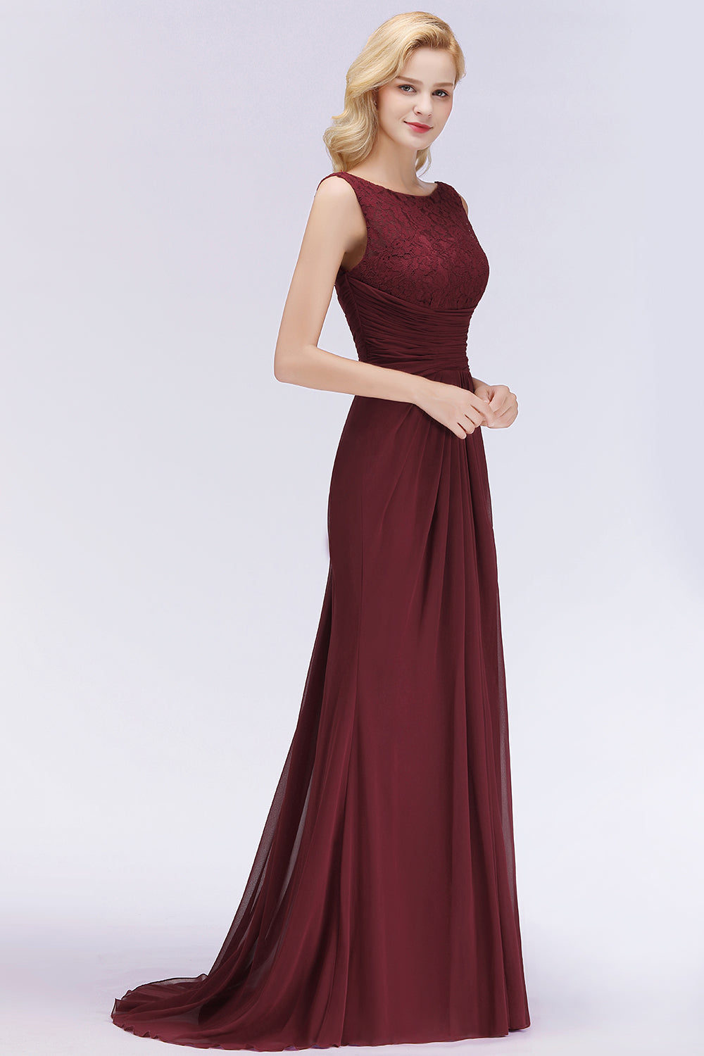 Mermaid Scoop Sleeveless Lace Burgundy Bridesmaid dresses with Pleats - Fashionpara