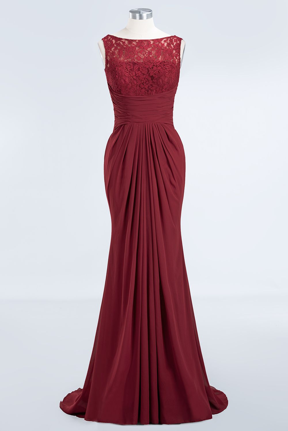 Mermaid Scoop Sleeveless Lace Burgundy Bridesmaid dresses with Pleats - Fashionpara