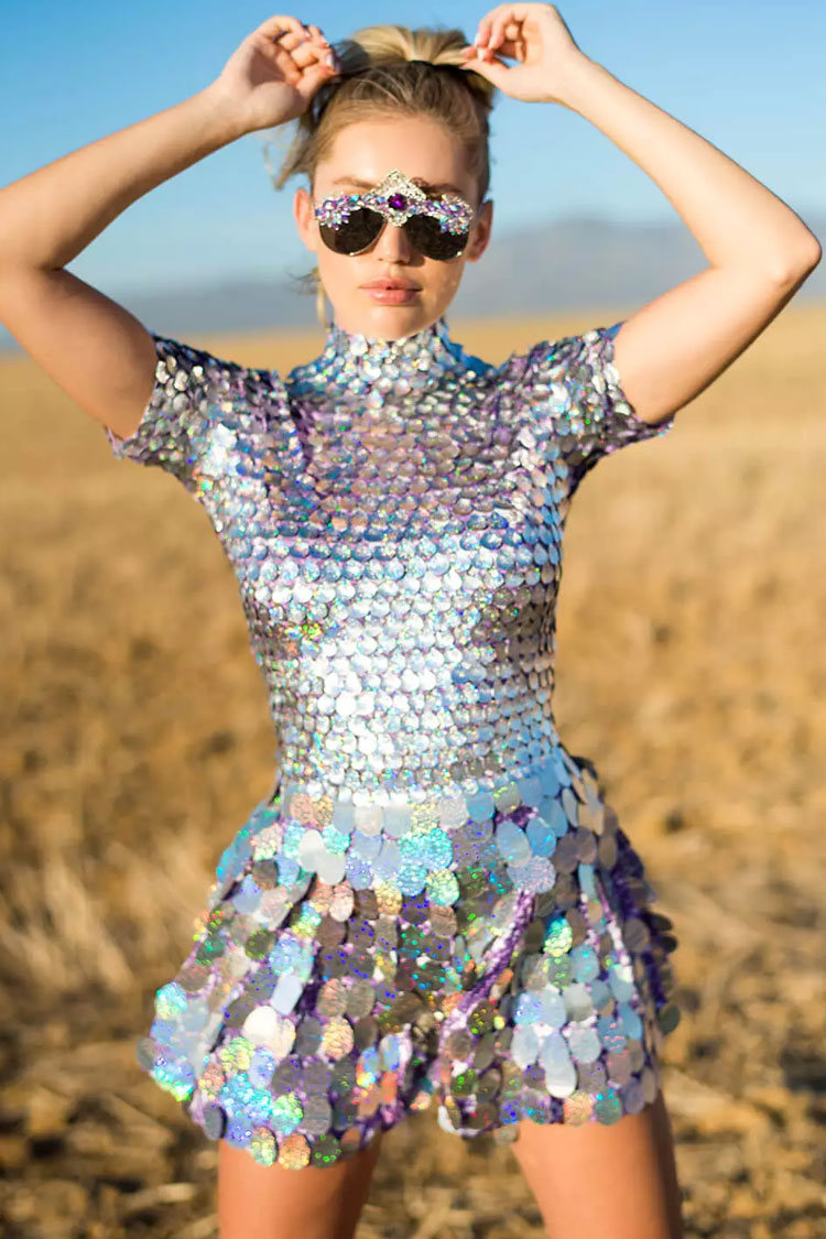 Mermaid Sequin High Neck Sleeved Fit & Flare Printed Party Mini Dress - Purple  Fashionpara