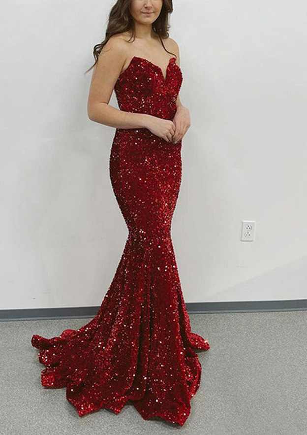 Mermaid Sweetheart Strapless Velvet Sequins Prom Dress/Evening Dress - Fashionpara