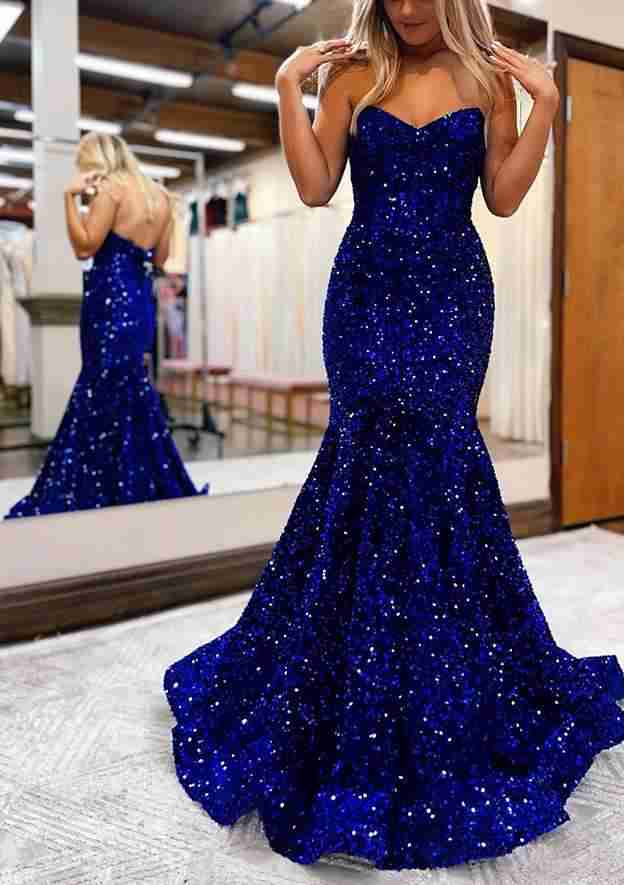Mermaid Sweetheart Strapless Velvet Sequins Prom Dress/Evening Dress - Fashionpara