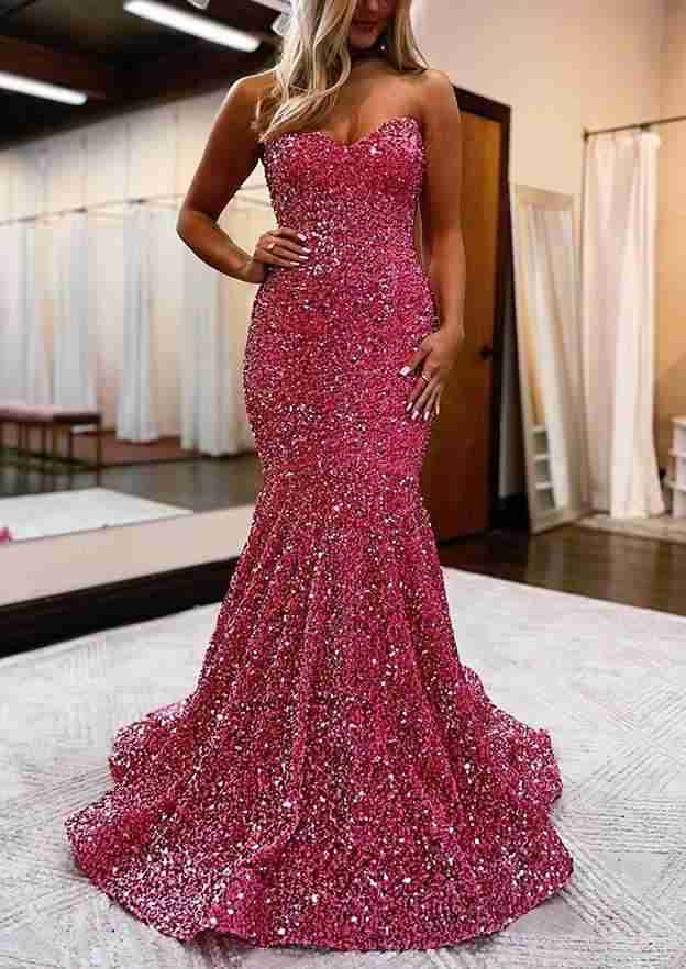 Mermaid Sweetheart Strapless Velvet Sequins Prom Dress/Evening Dress - Fashionpara